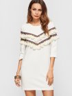 White 3/4 Sleeve Dress With Embroidered Tape And Tassel Detail