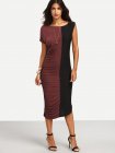 Color Block Ruched Asymmetric Sleeve Dress