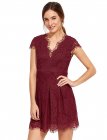 Burgundy Deep V Neck Cap Sleeve Lace Dress