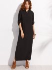 Black Button Front Roll Sleeve Maxi Shirt Dress