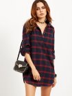 Navy Plaid Roll Tab Sleeve Half Placket Shirt Dress