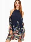 Navy Flower Print Keyhole Halter Neck Cold Shoulder Dress