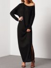 Black Oblique Shoulder Boatneck Bat Sleeve Slit Dress