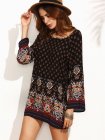 Black Ornate Print Bell Sleeve Dress