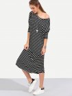 Black White Stripe Long Sleeve Shift Midi Dress