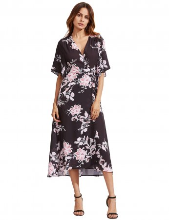 V Neck Florals Wrap Dress