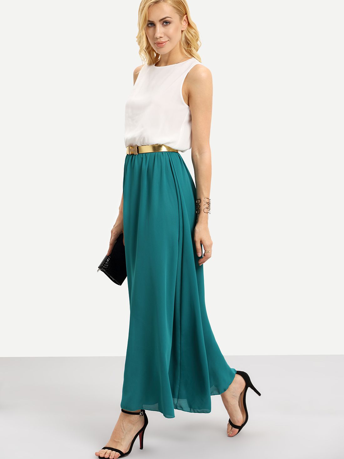 Color-block With Belt Chiffon Maxi Dress