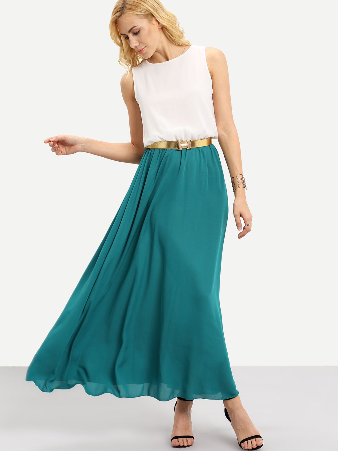 Color-block With Belt Chiffon Maxi Dress