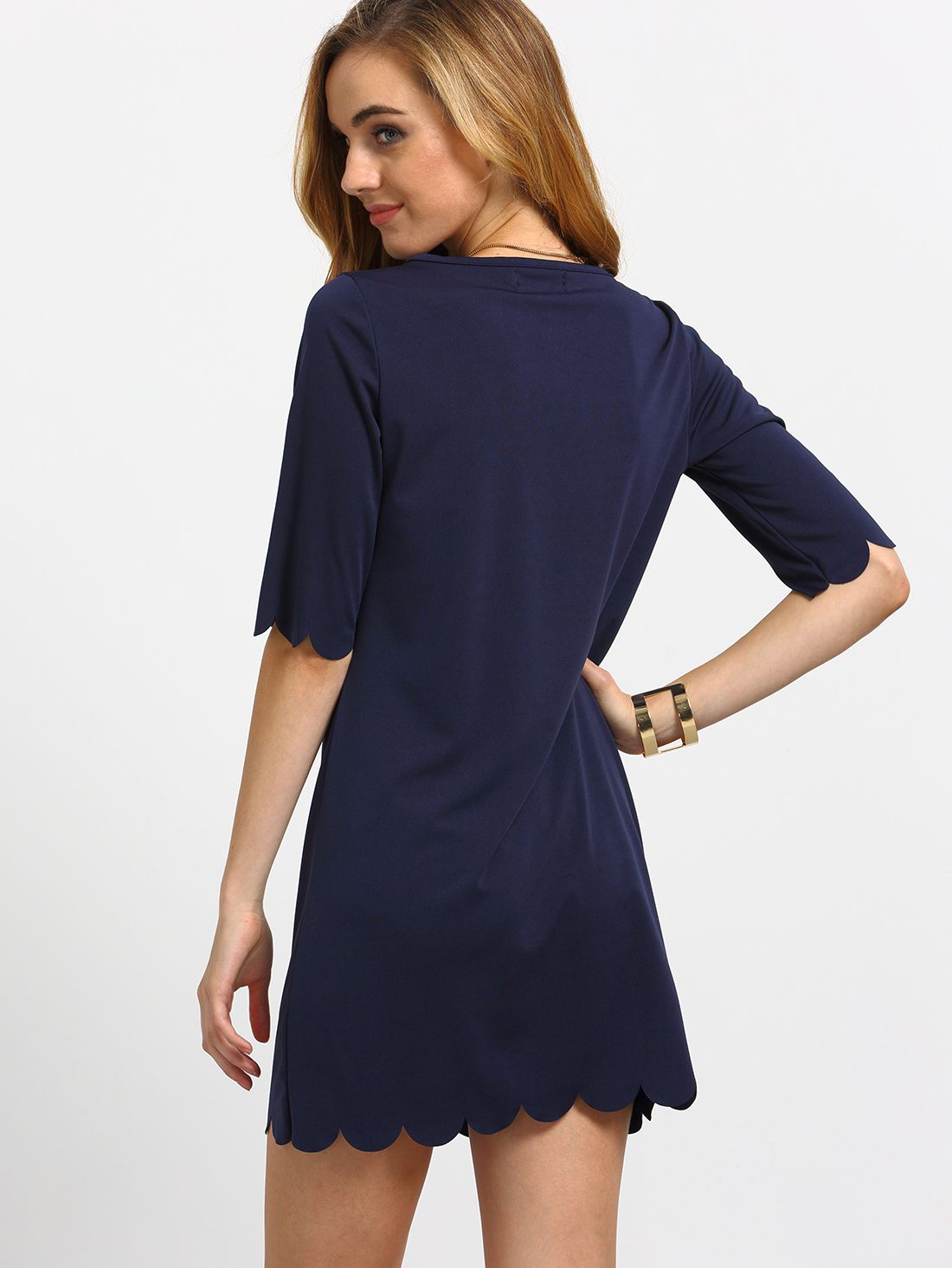 Navy Scalloped Hem Shift Dress