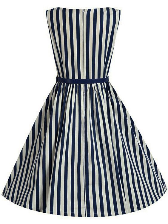 Blue Vertical Striped Flare Dress With Belt