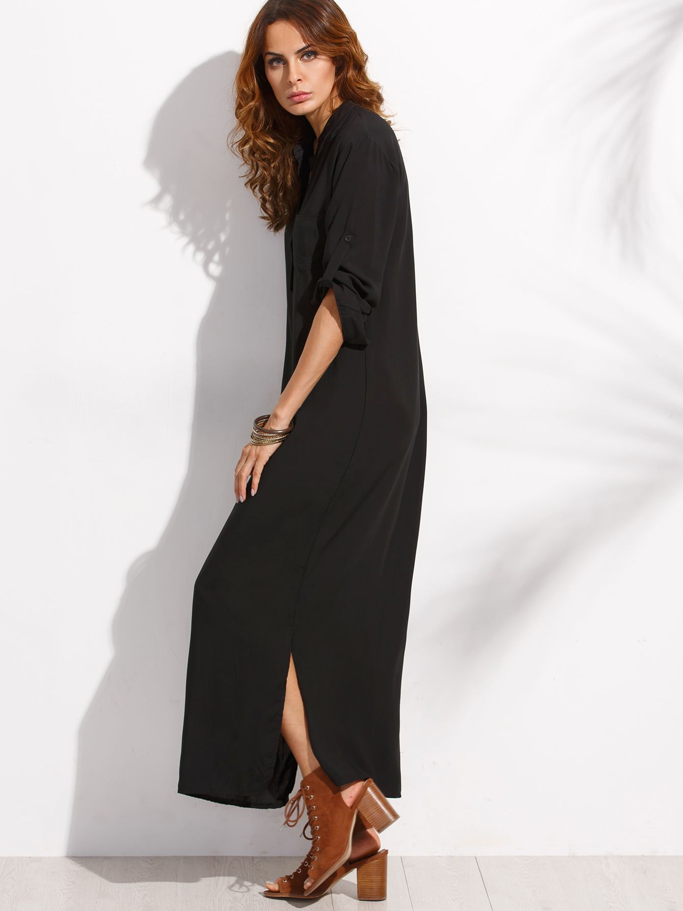 Black Button Front Roll Sleeve Maxi Shirt Dress