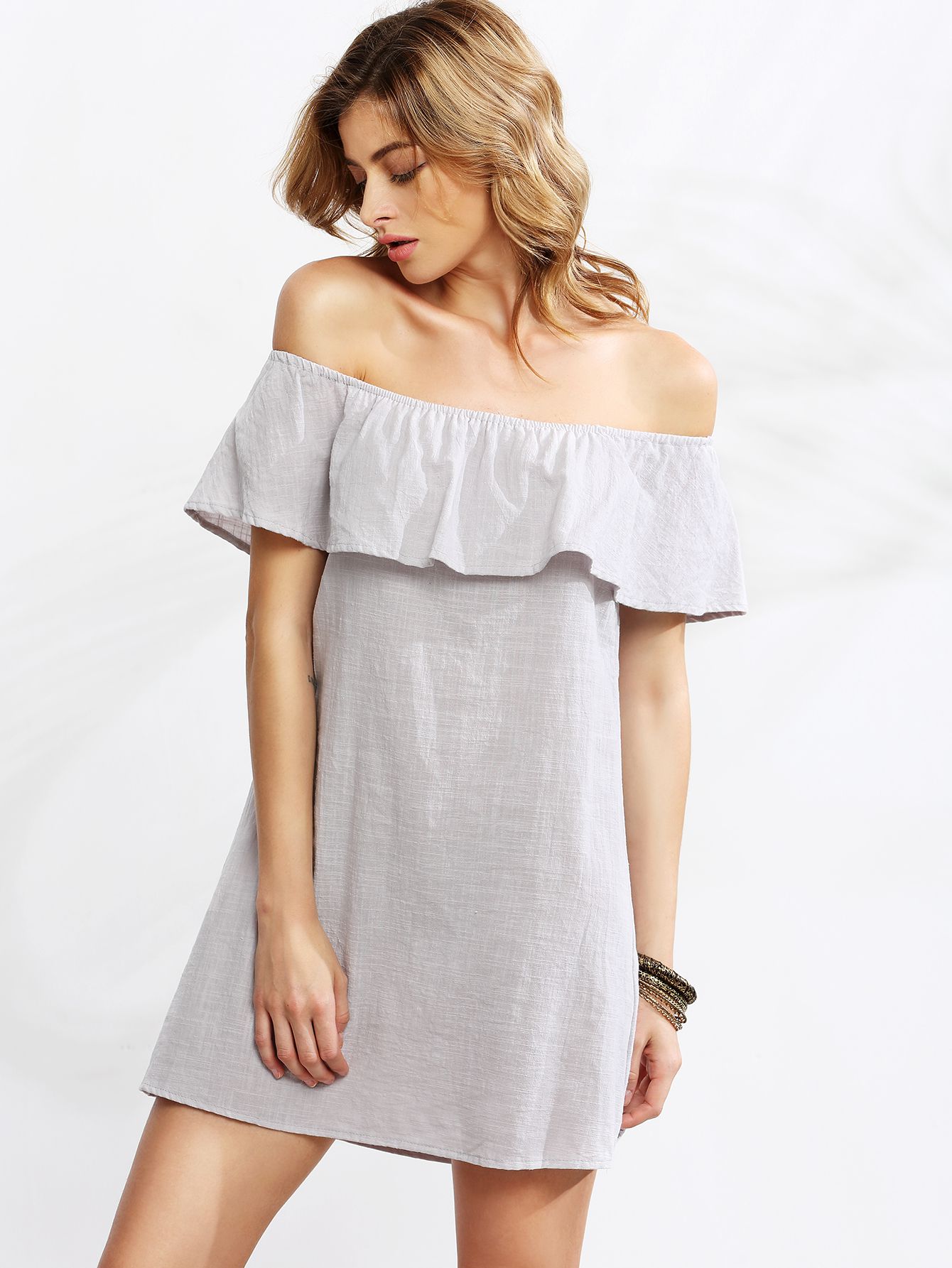 Grey Ruffle Off The Shoulder Dress