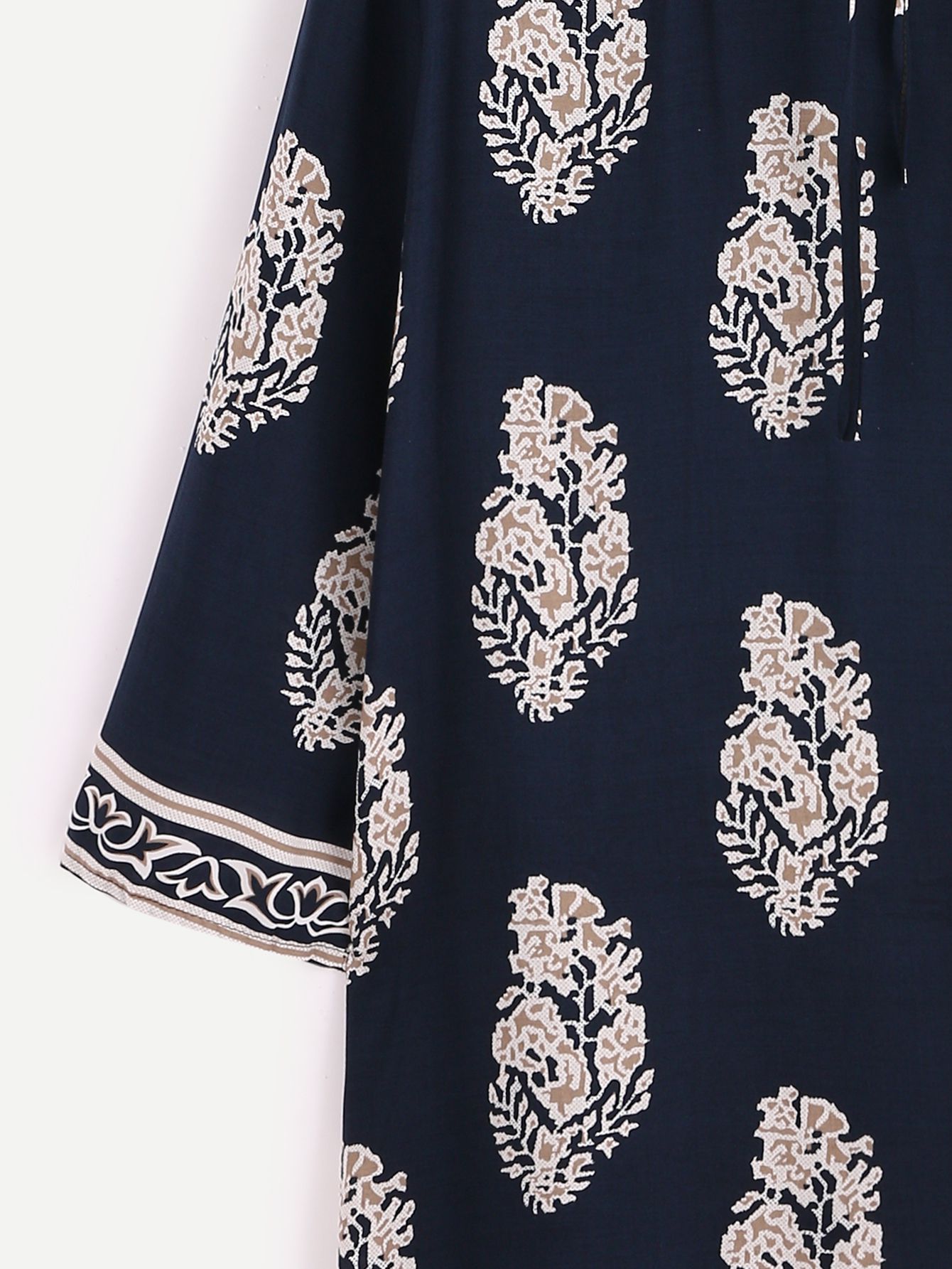 Navy Tribal Print Tie Neck Tunic Dress