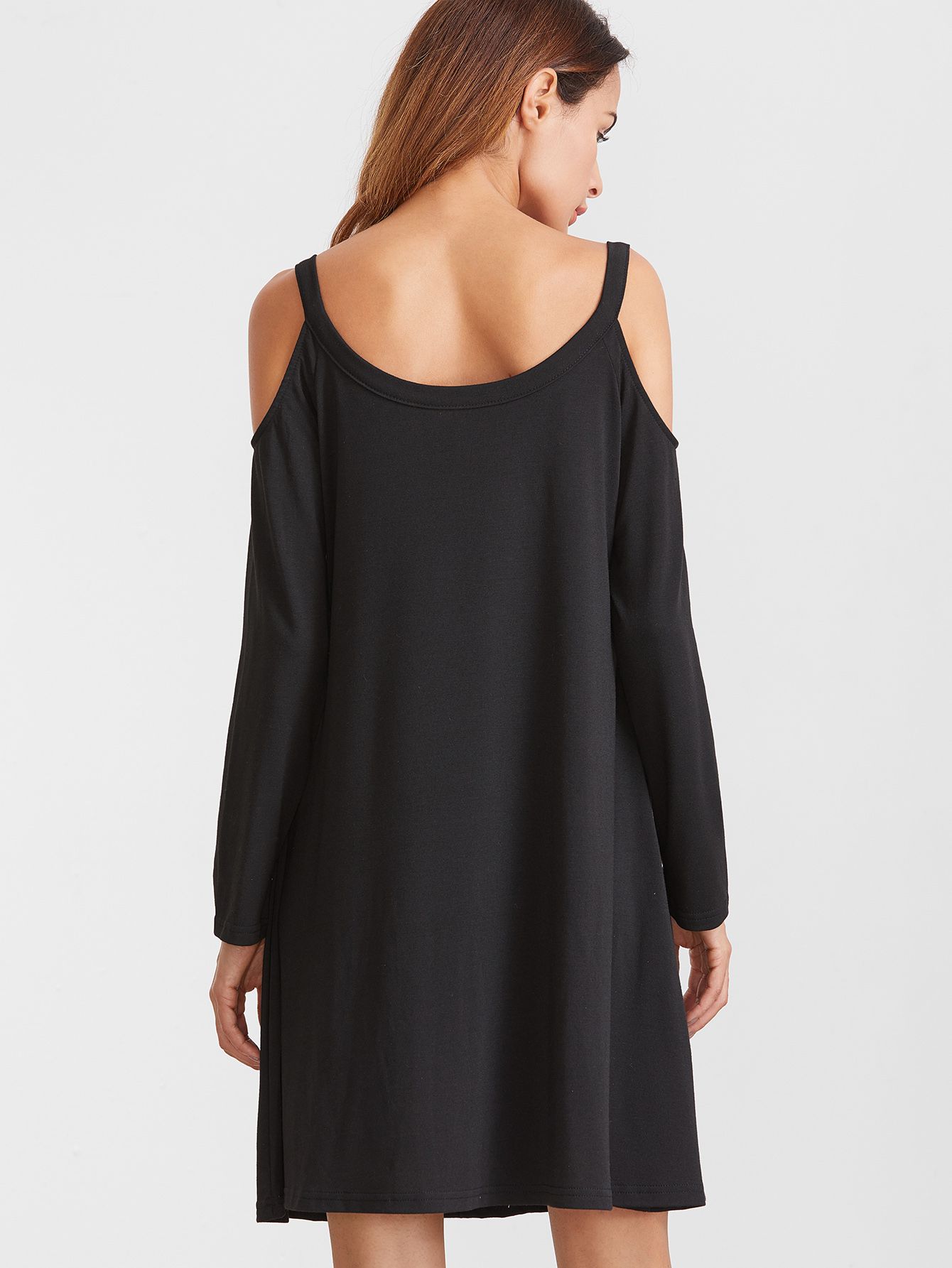 Black Cold Shoulder Dip Hem Shift Dress