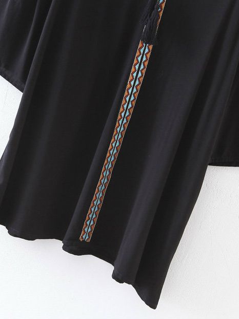 Black Embroidery V Neck Tassel Tie Dress