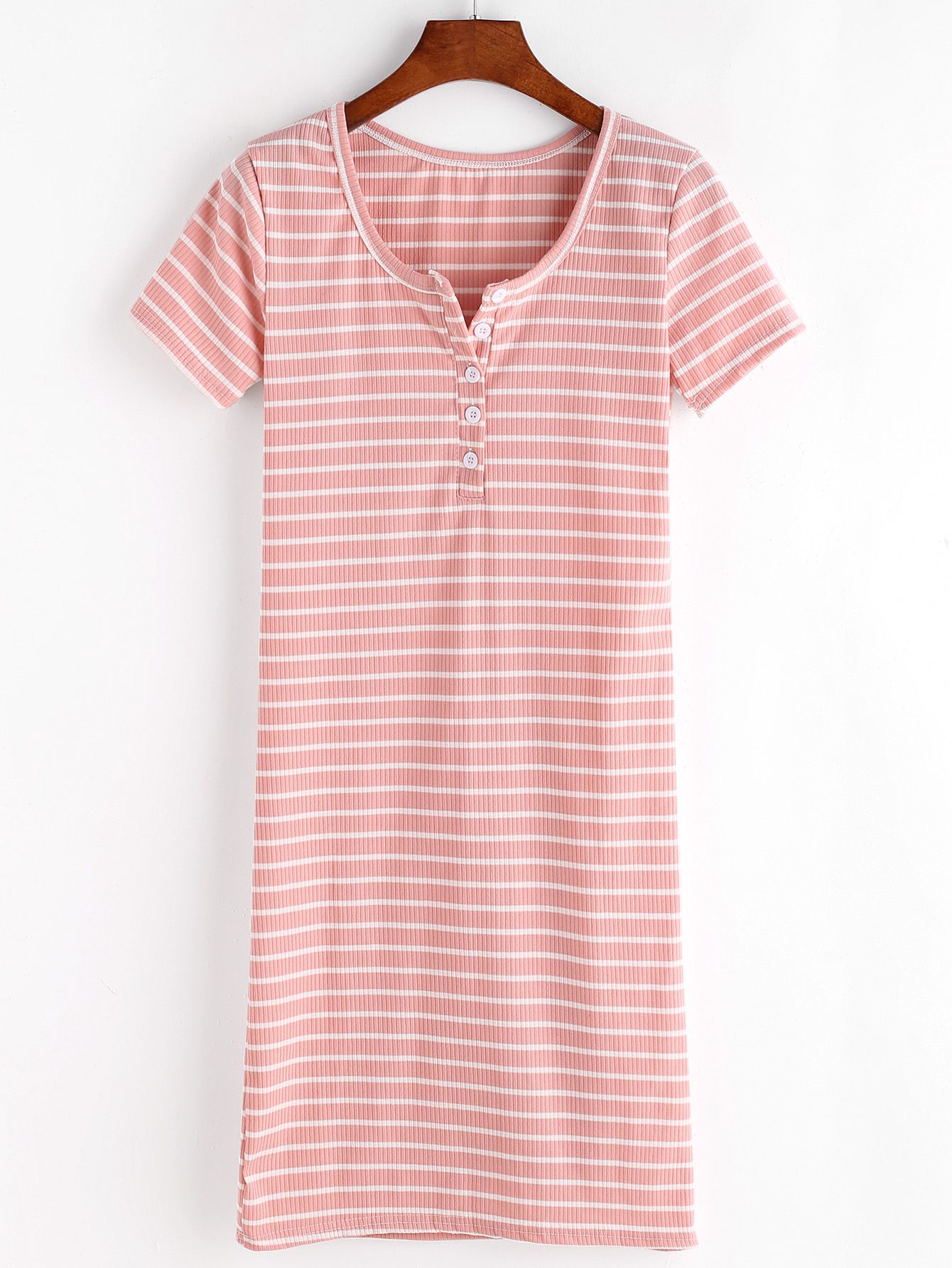 Pink Striped Button Front Knitted T-shirt Dress