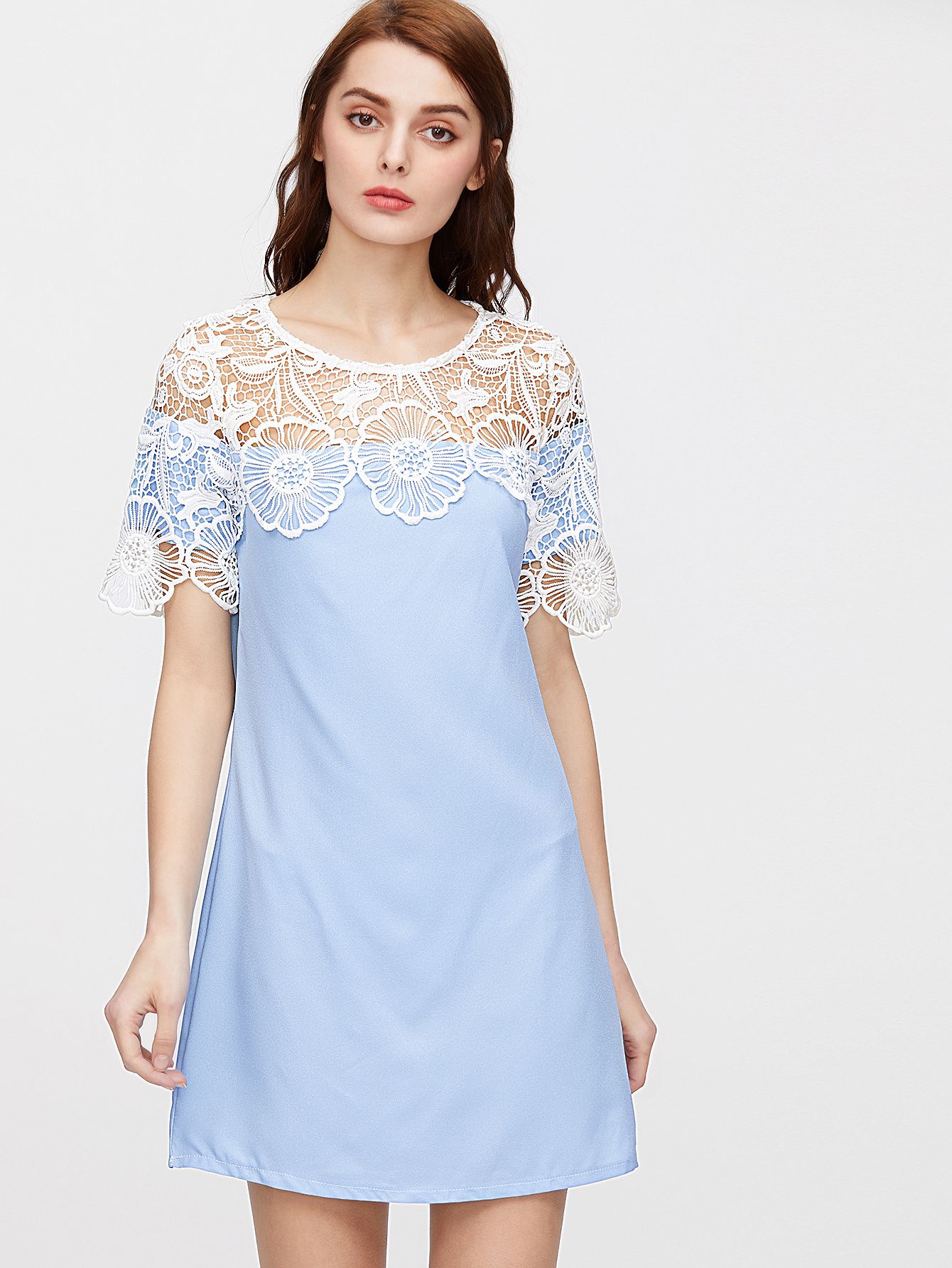 Blue Crochet Lace Trim Shift Dress