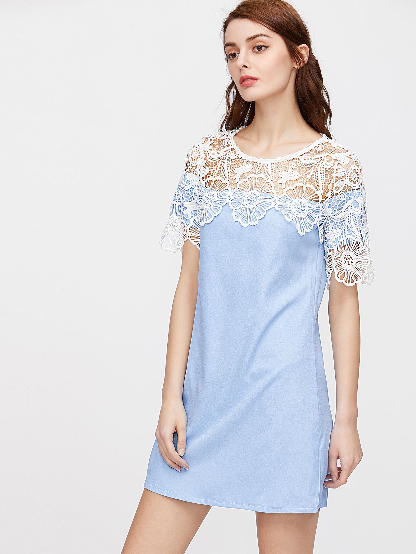 Blue Crochet Lace Trim Shift Dress