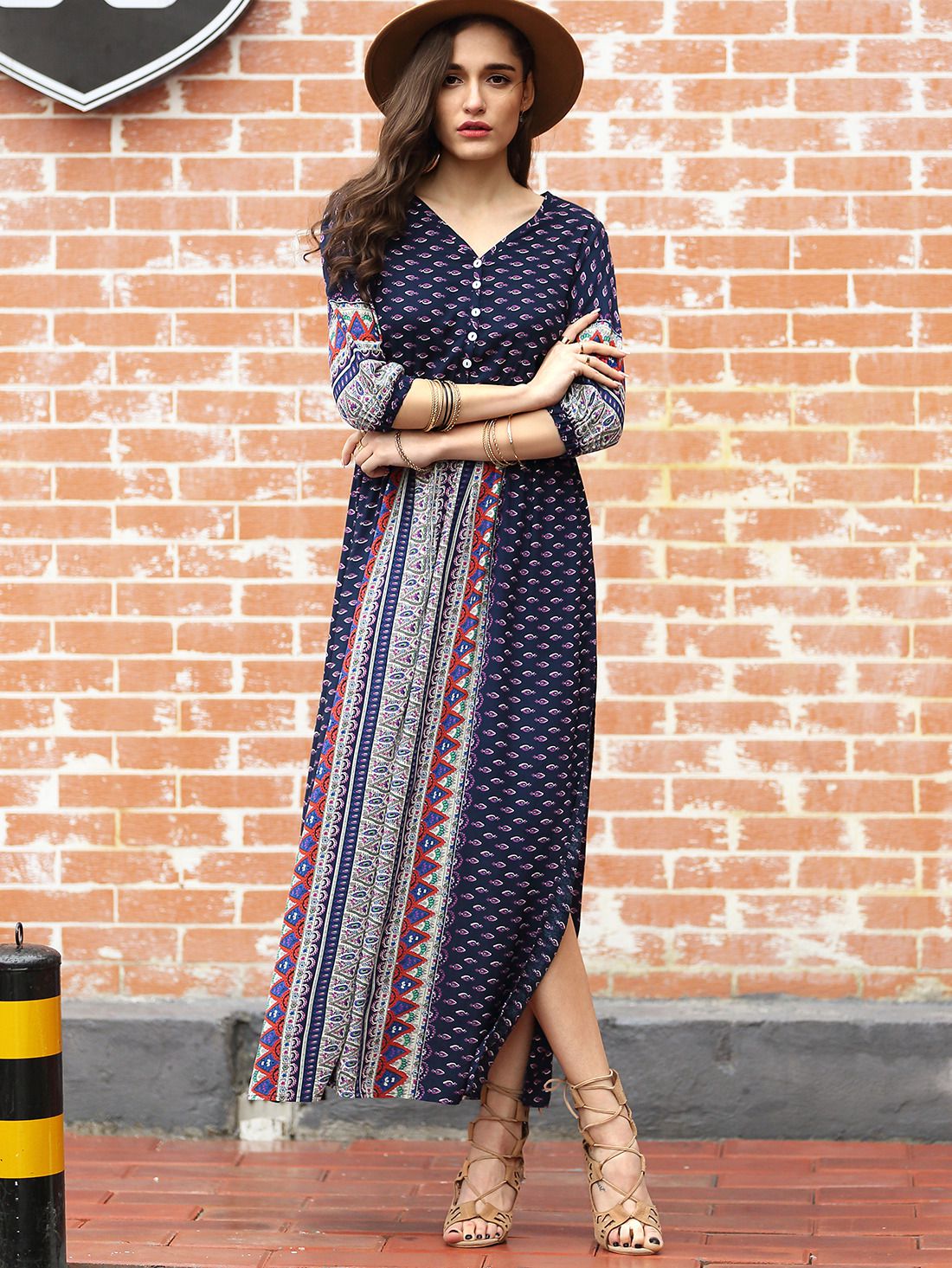 Navy Half Sleeve Vintage Print Split Maxi Dress