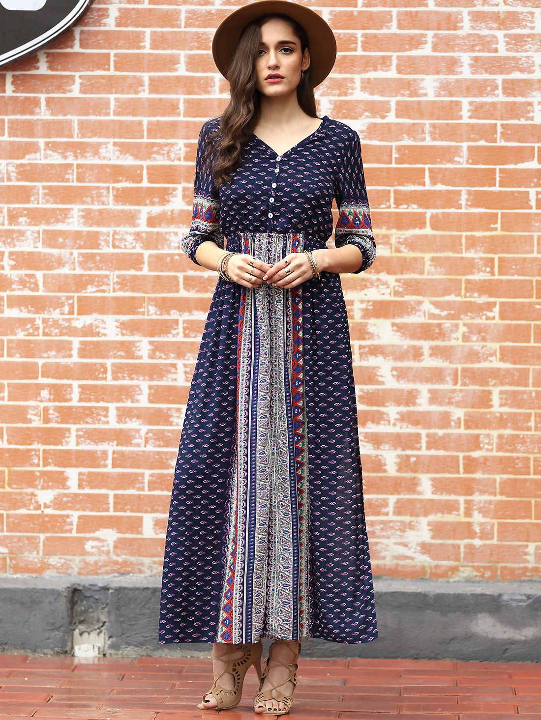 Navy Half Sleeve Vintage Print Split Maxi Dress