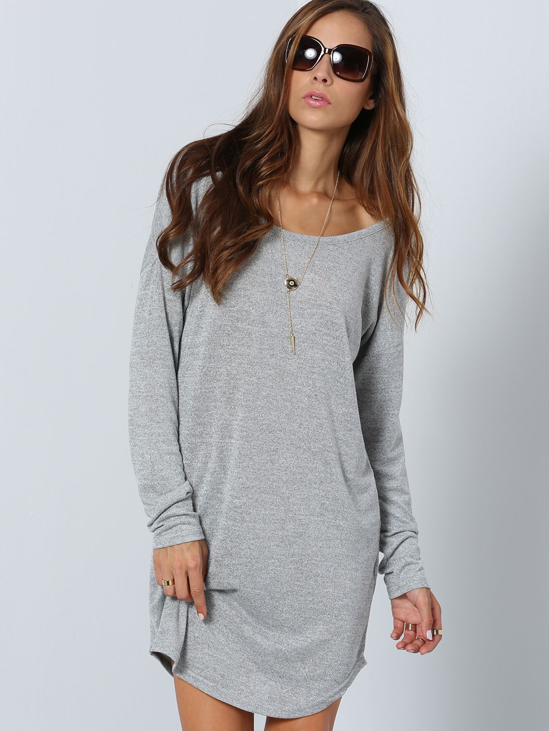 Grey Long Sleeve V Back Dress