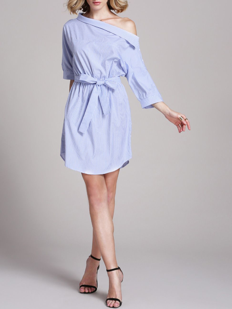 Blue Half Sleeve Off The Shoulder Striped Dress