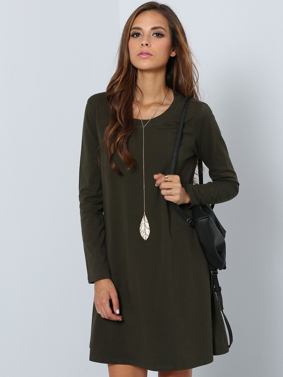 Dark Green Long Sleeve Designer Casual Dress