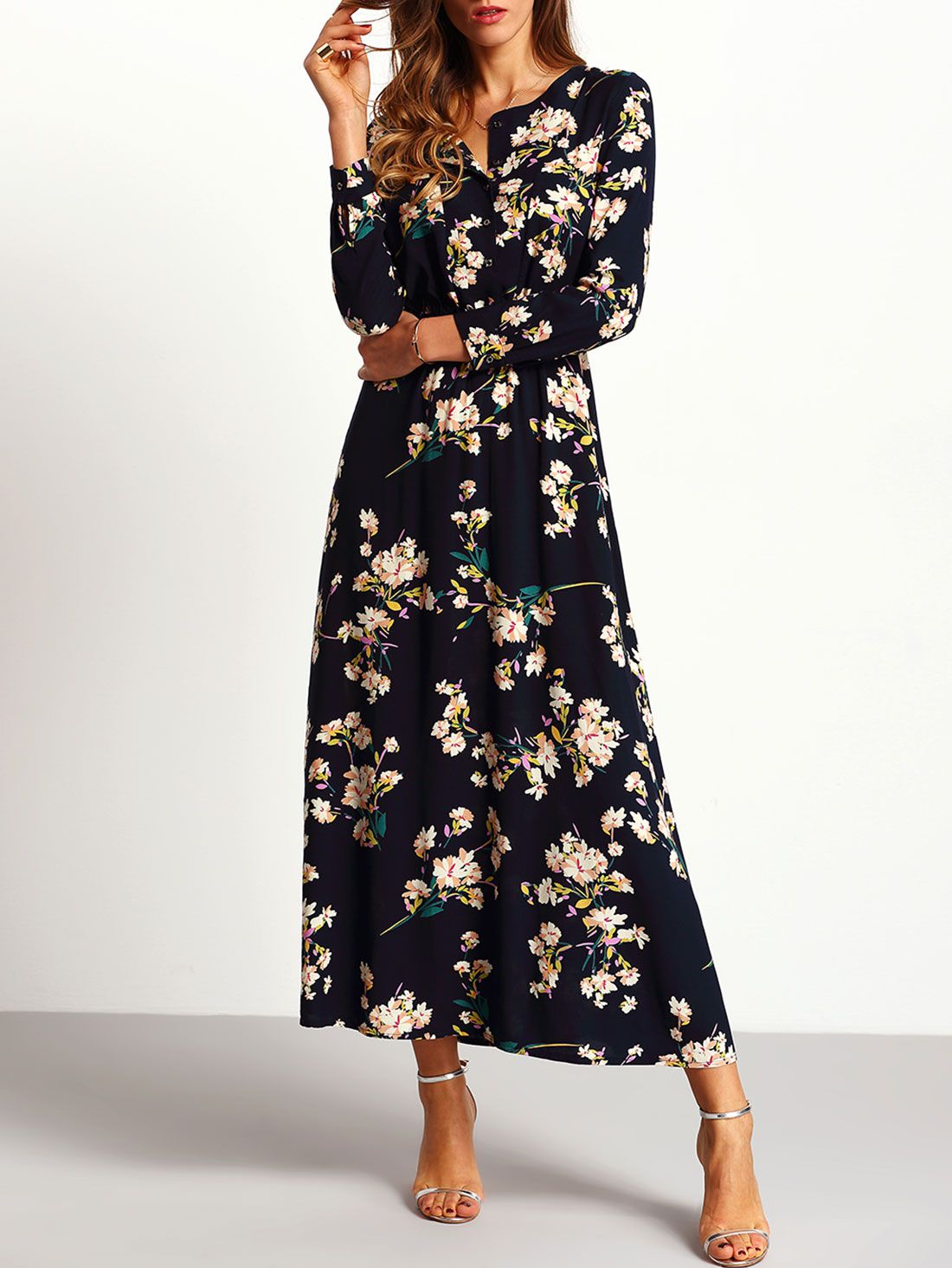 Navy Long Sleeve Floral Maxi Dress