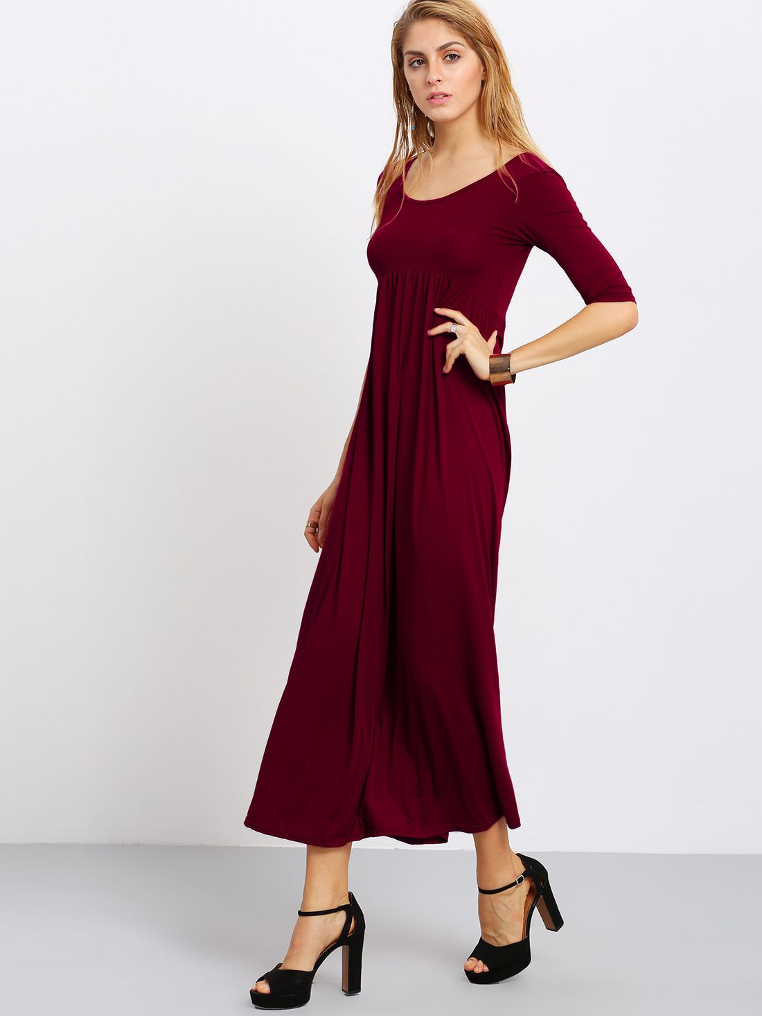 Burgundy Scoop Neck Cut Out Back Maxi Dress