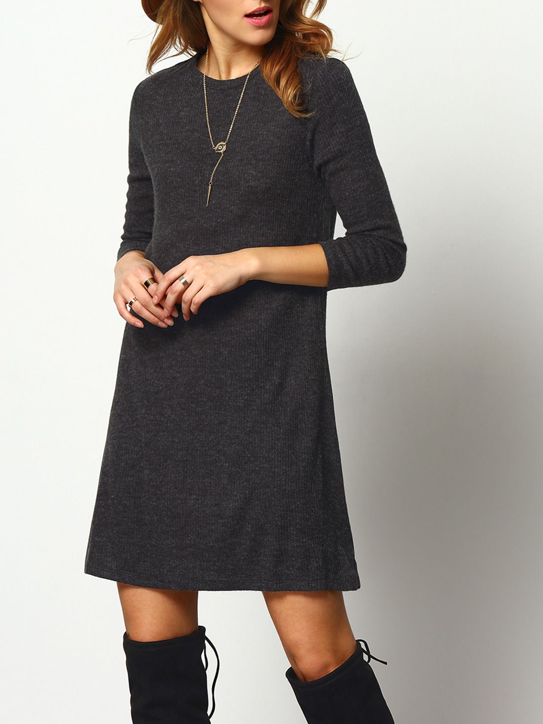 Dark Grey Crew Neck Casual Sweater Dress