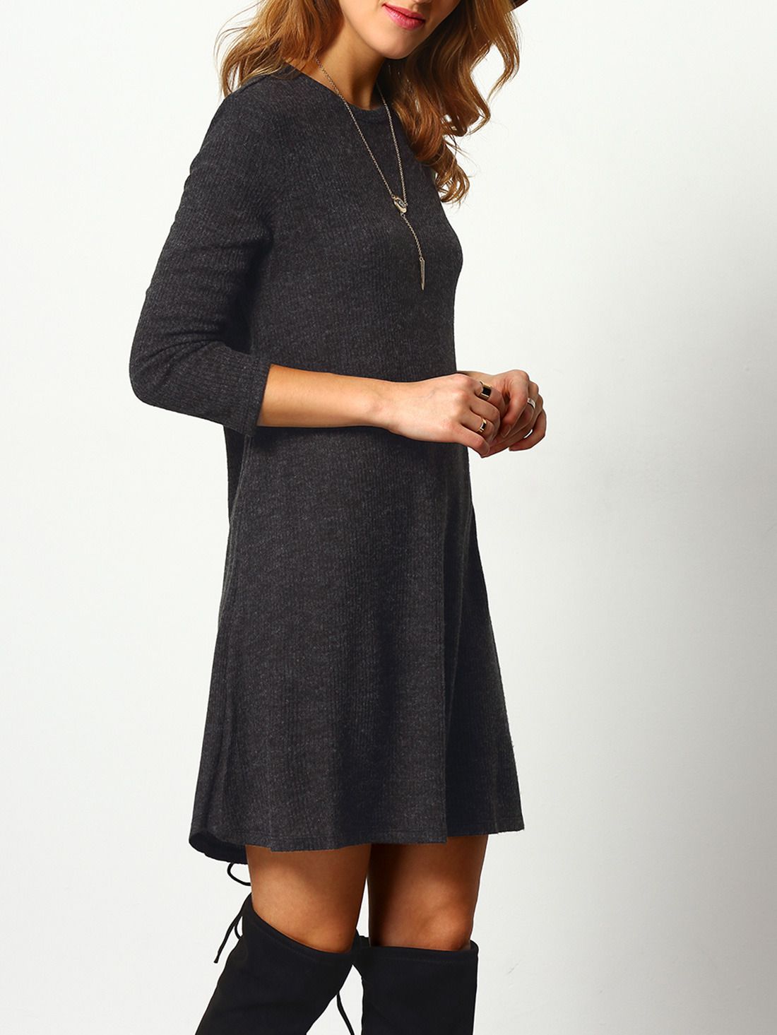 Dark Grey Crew Neck Casual Sweater Dress