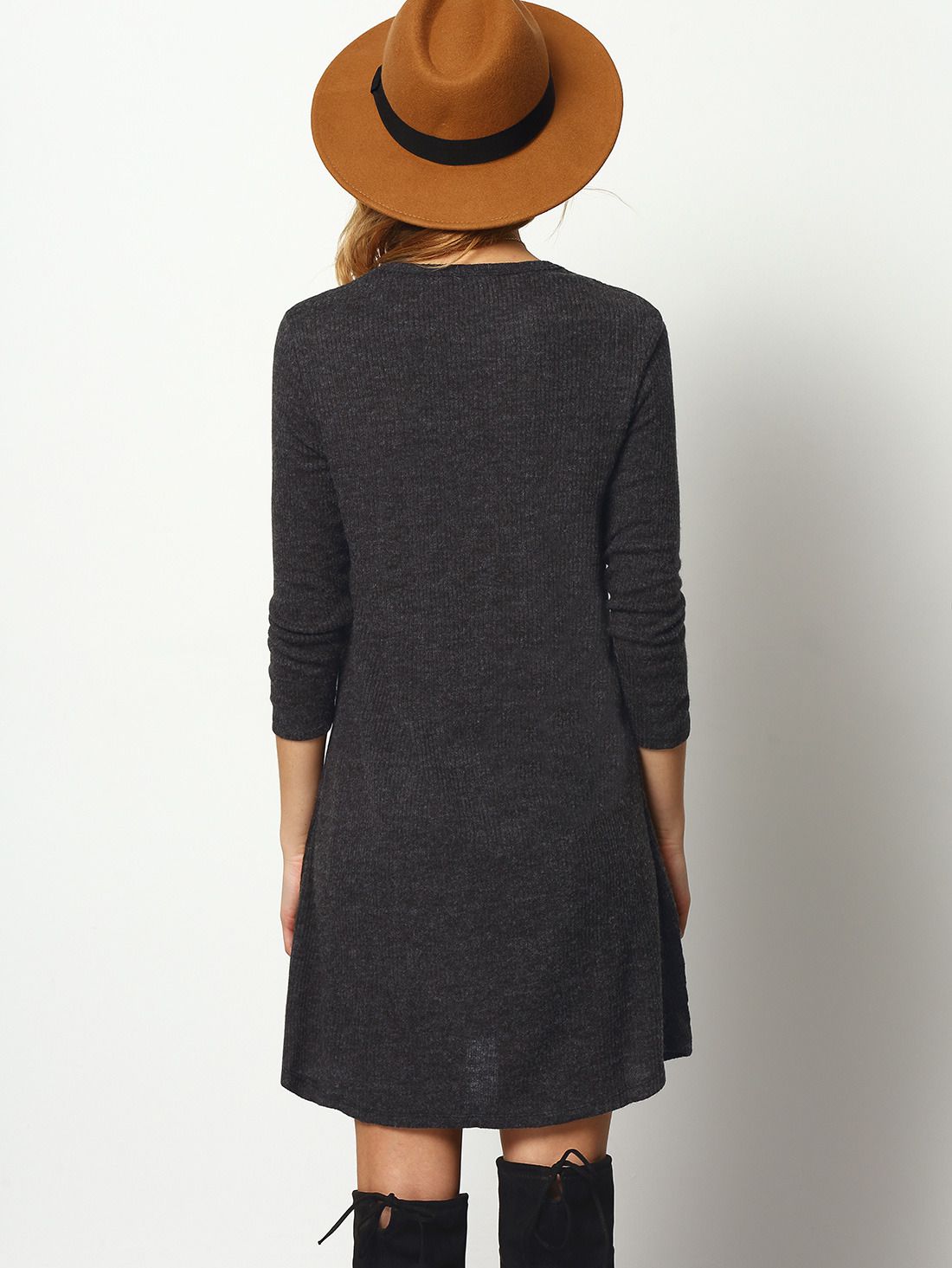 Dark Grey Crew Neck Casual Sweater Dress