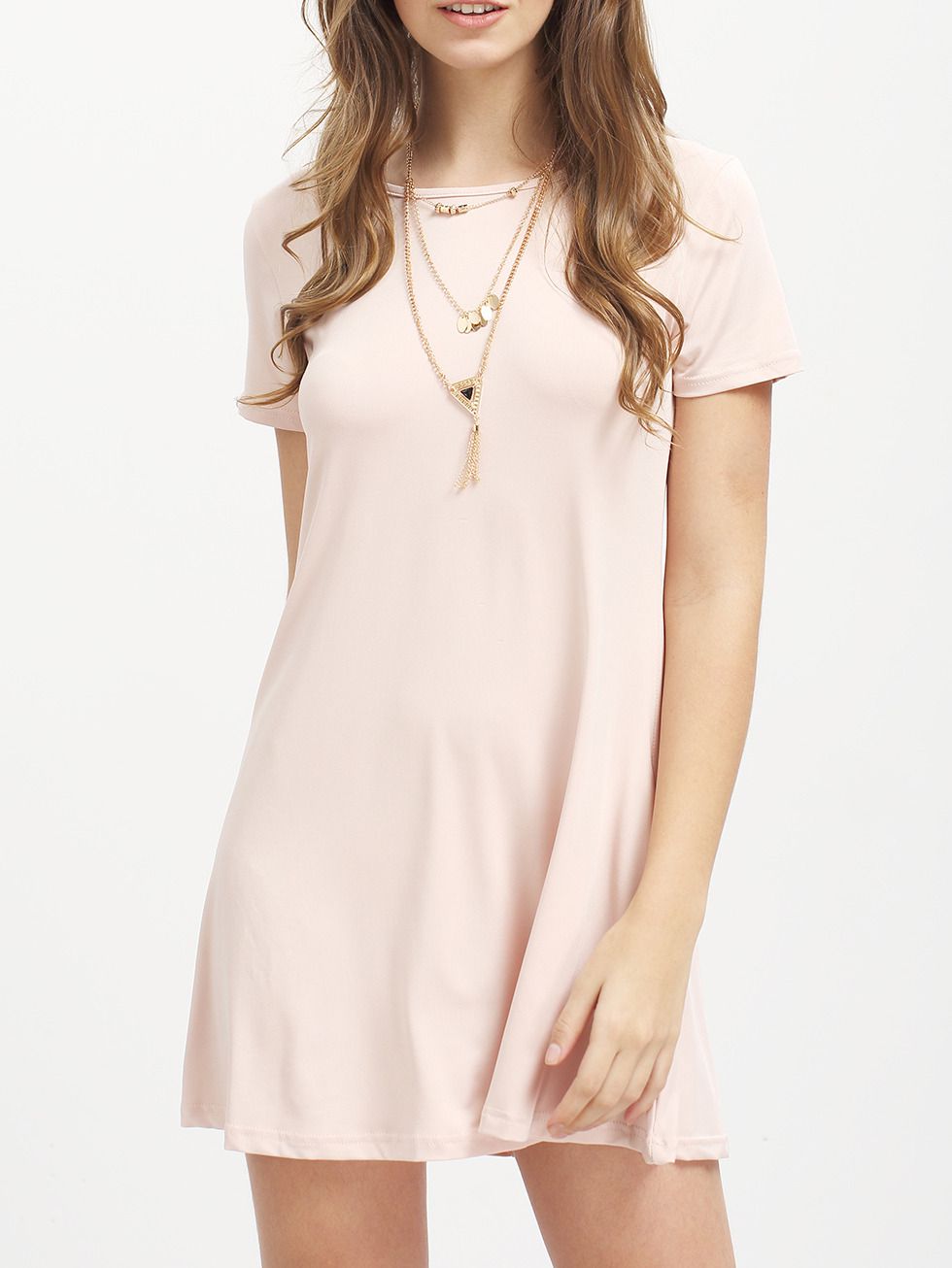 Pink Short Sleeve Pockets Loose Dress