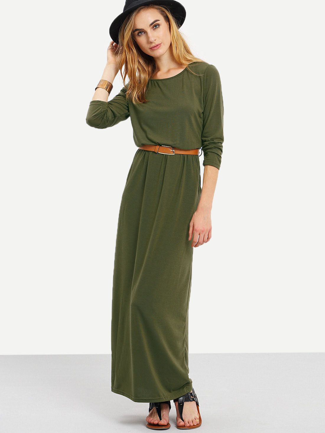 Army Green Long Sleeve Pockets Maxi Dress