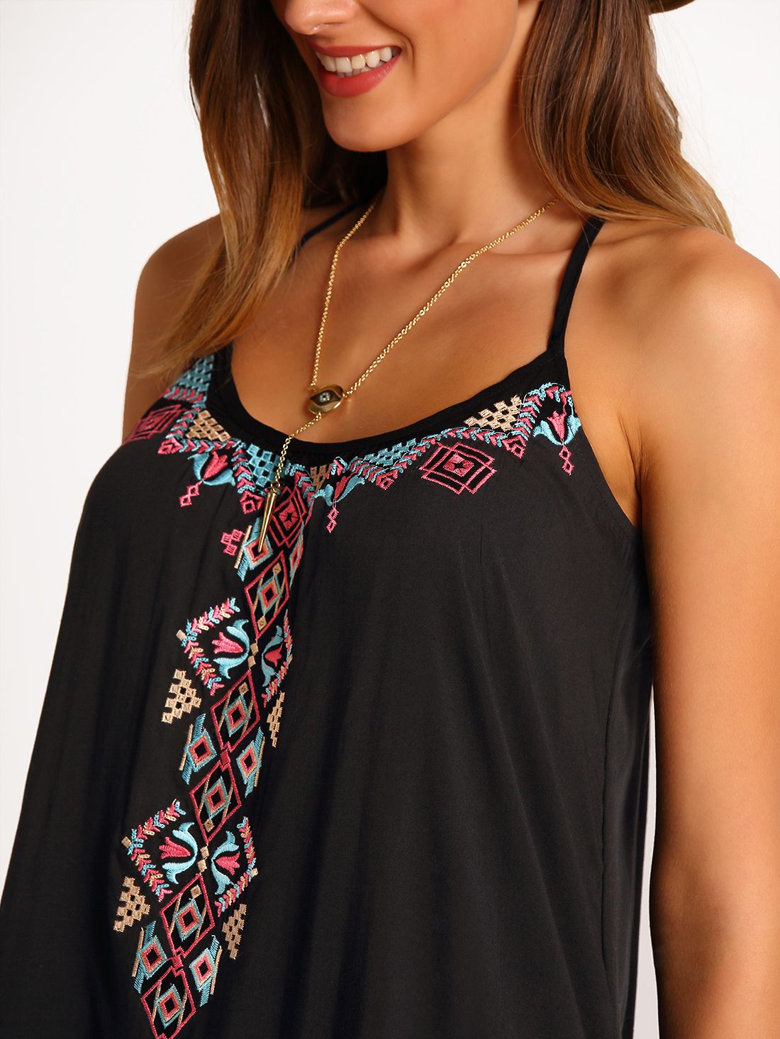 Black Spaghetti Strap Embroidered Dress