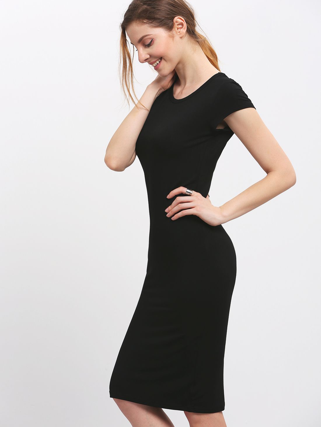 Black Crew Neck Slim Sheath Dress