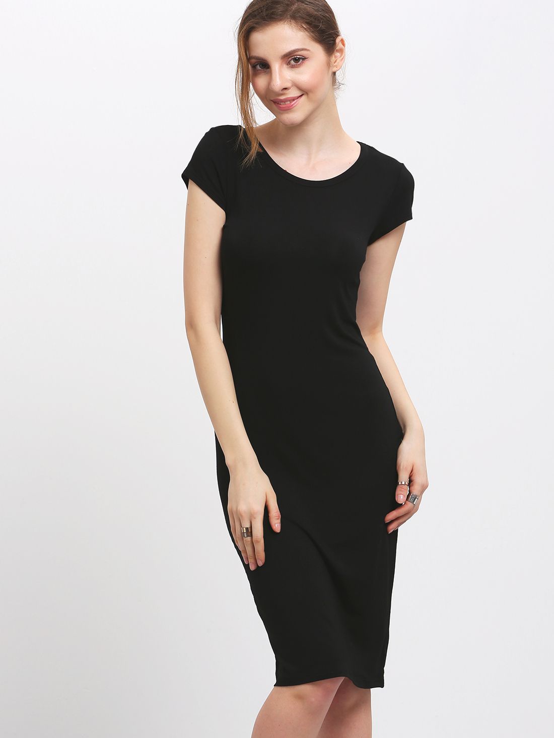 Black Crew Neck Slim Sheath Dress