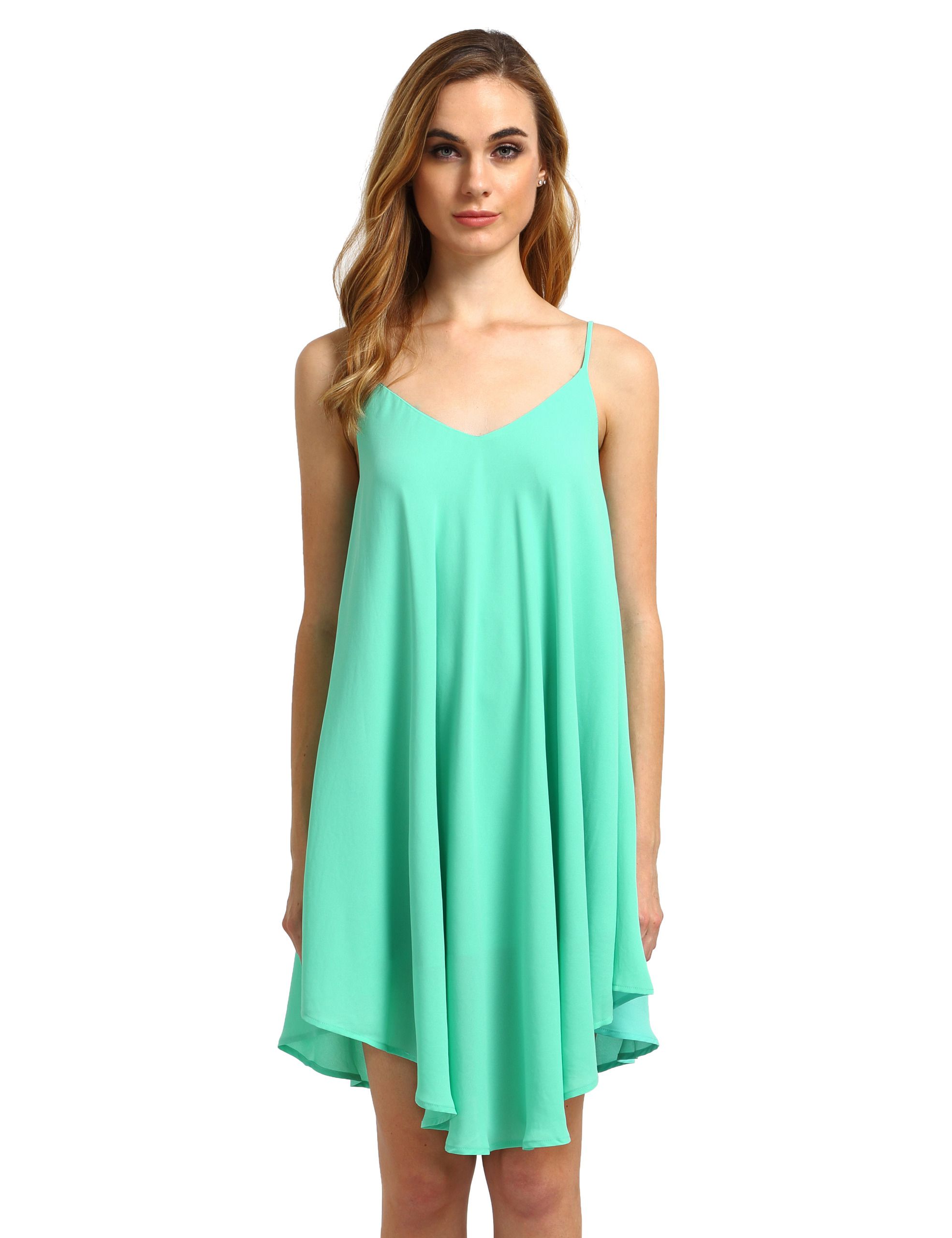 Green Spaghetti Strap Asymmetrical Shift Dress Sundresses