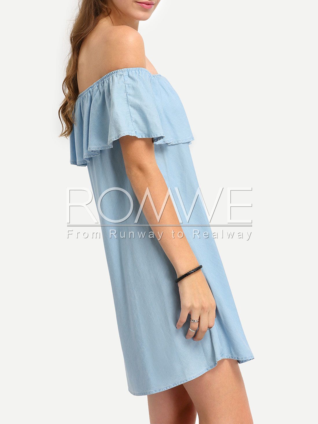 Light Blue Denim Off The Shoulder Ruffle Shift Dress