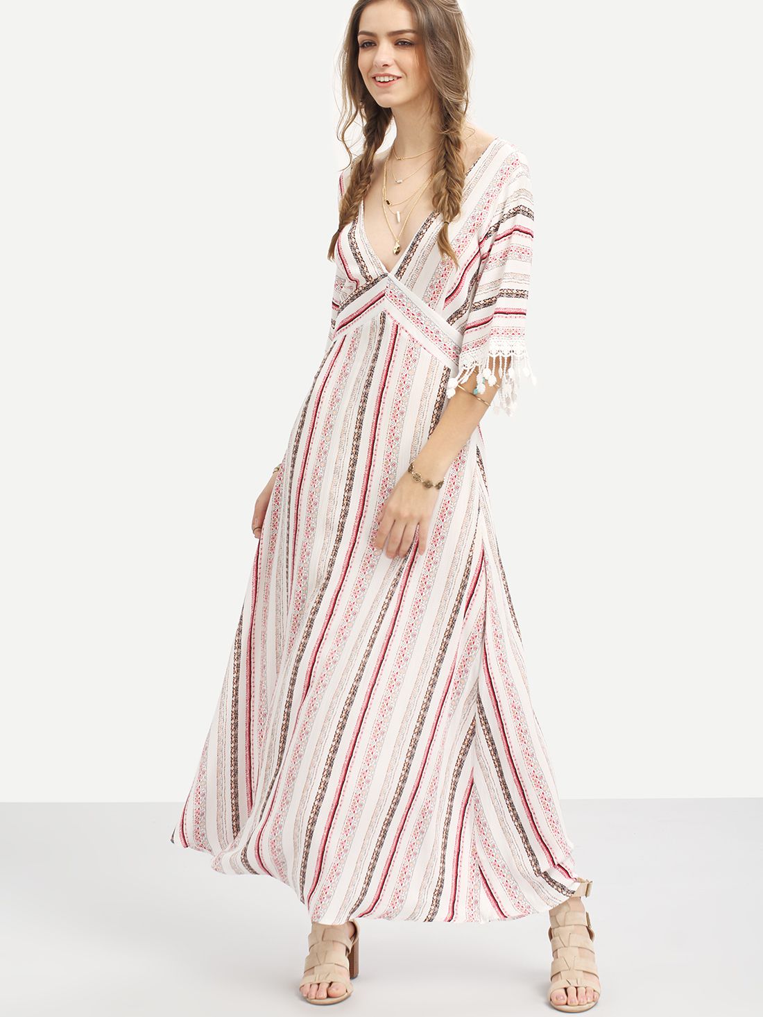 Multicolor Striped Half Sleeve V Neck Maxi Dress