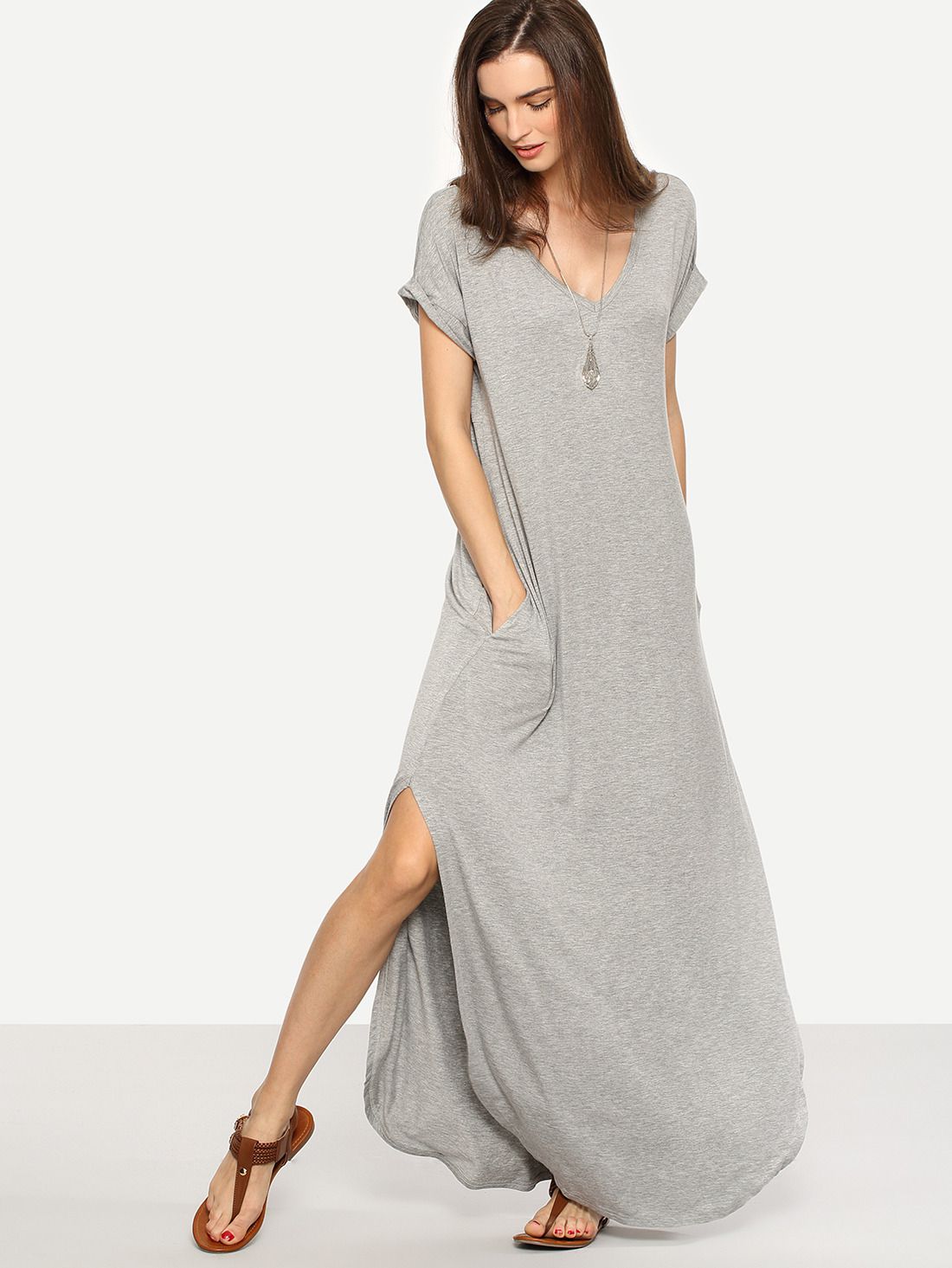 Grey Rolled-cuff Pockets Split Maxi Dress