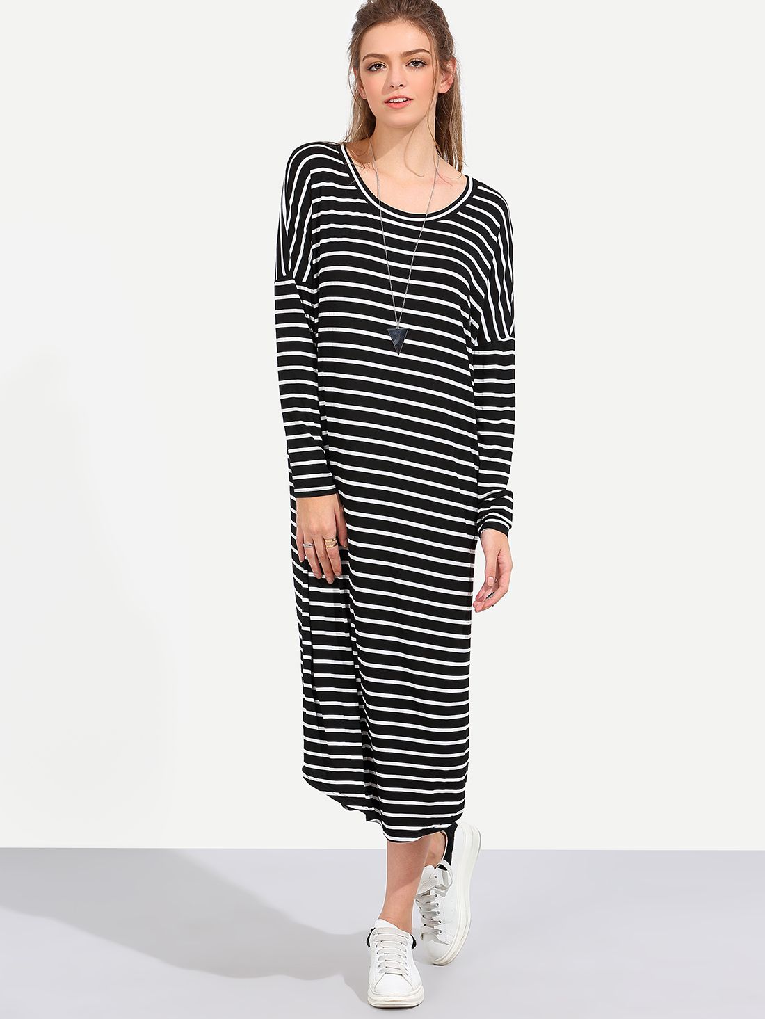 Black White Stripe Long Sleeve Shift Midi Dress