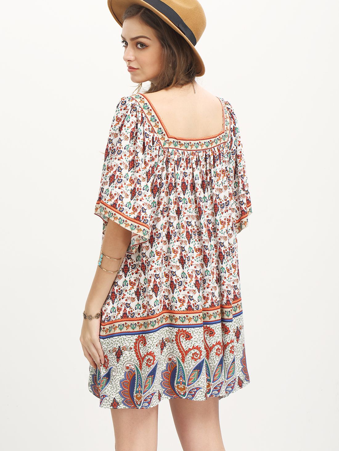 Multicolor Vintage Print Half Sleeve Shift Dress