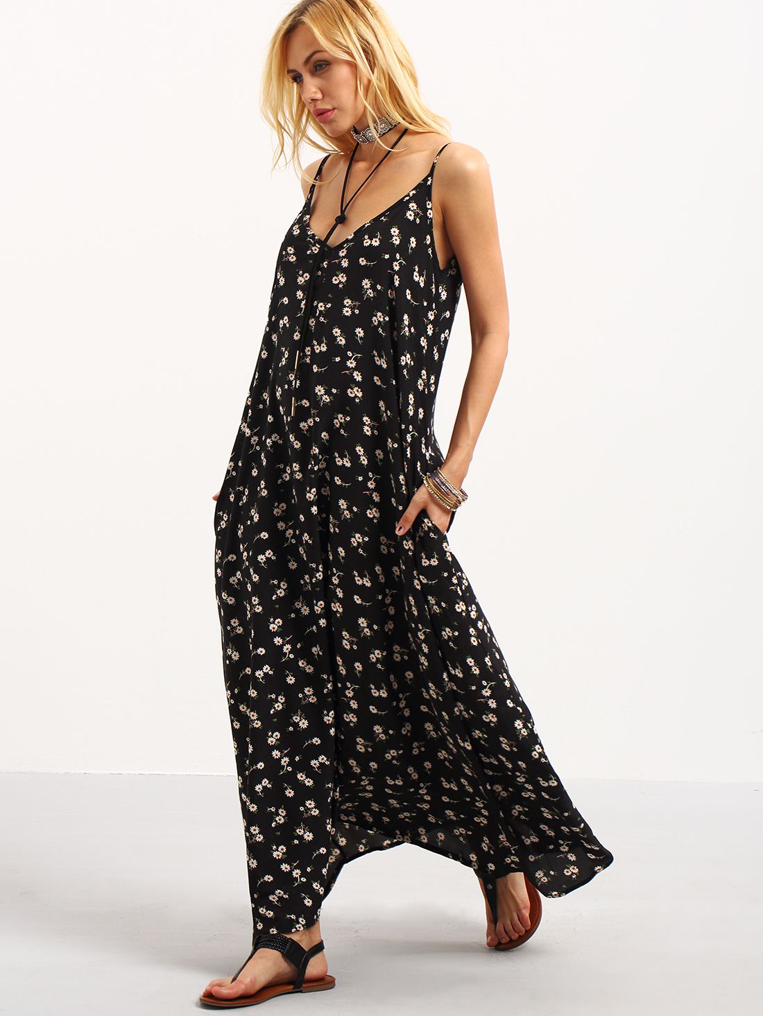 Black Braces Deep V Neck Floral Houndstooth Print Cami Slip Dress