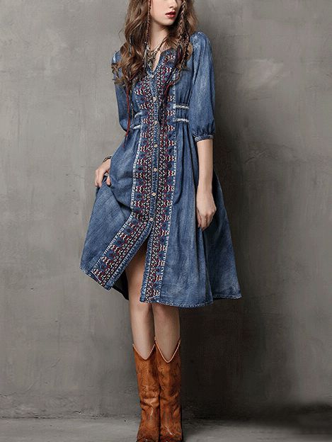 Buttoned Front Embroidered Denim Dress - Blue