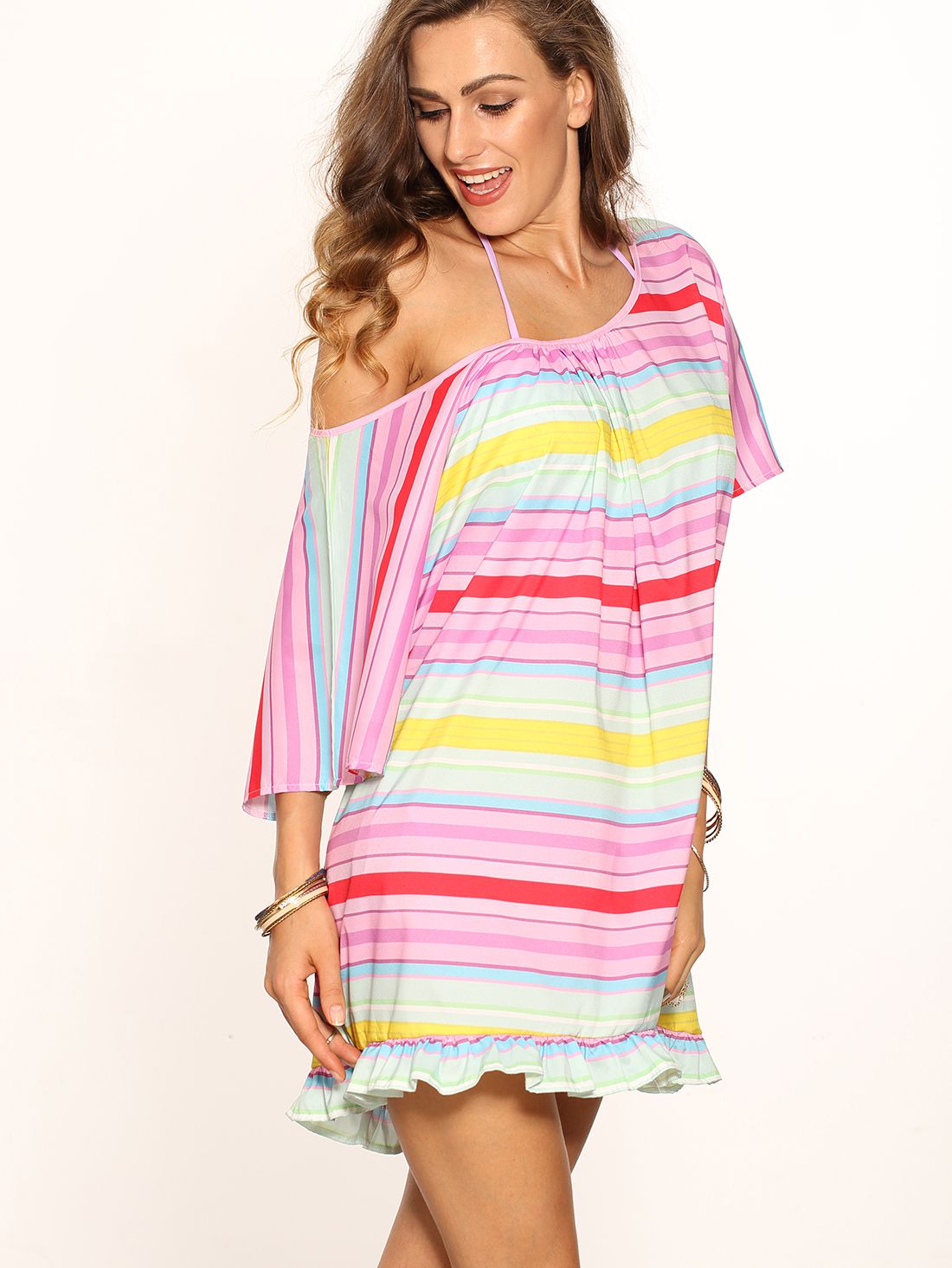 Colored Stripe Ruffle Hem Halter Neck Shift Dress