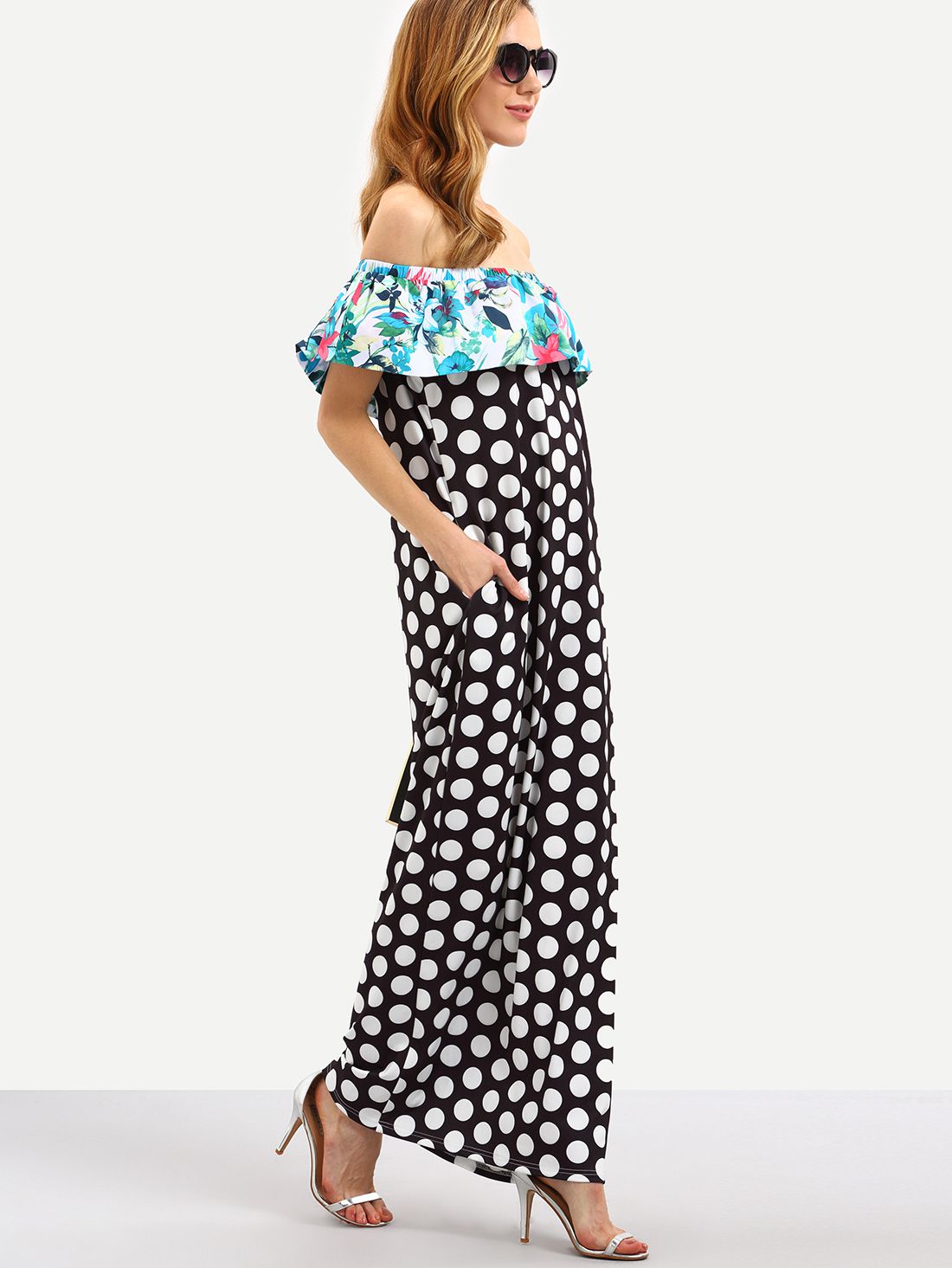 Multicolor Off The Shoulder Polka Dot Ruffle Maxi Dress