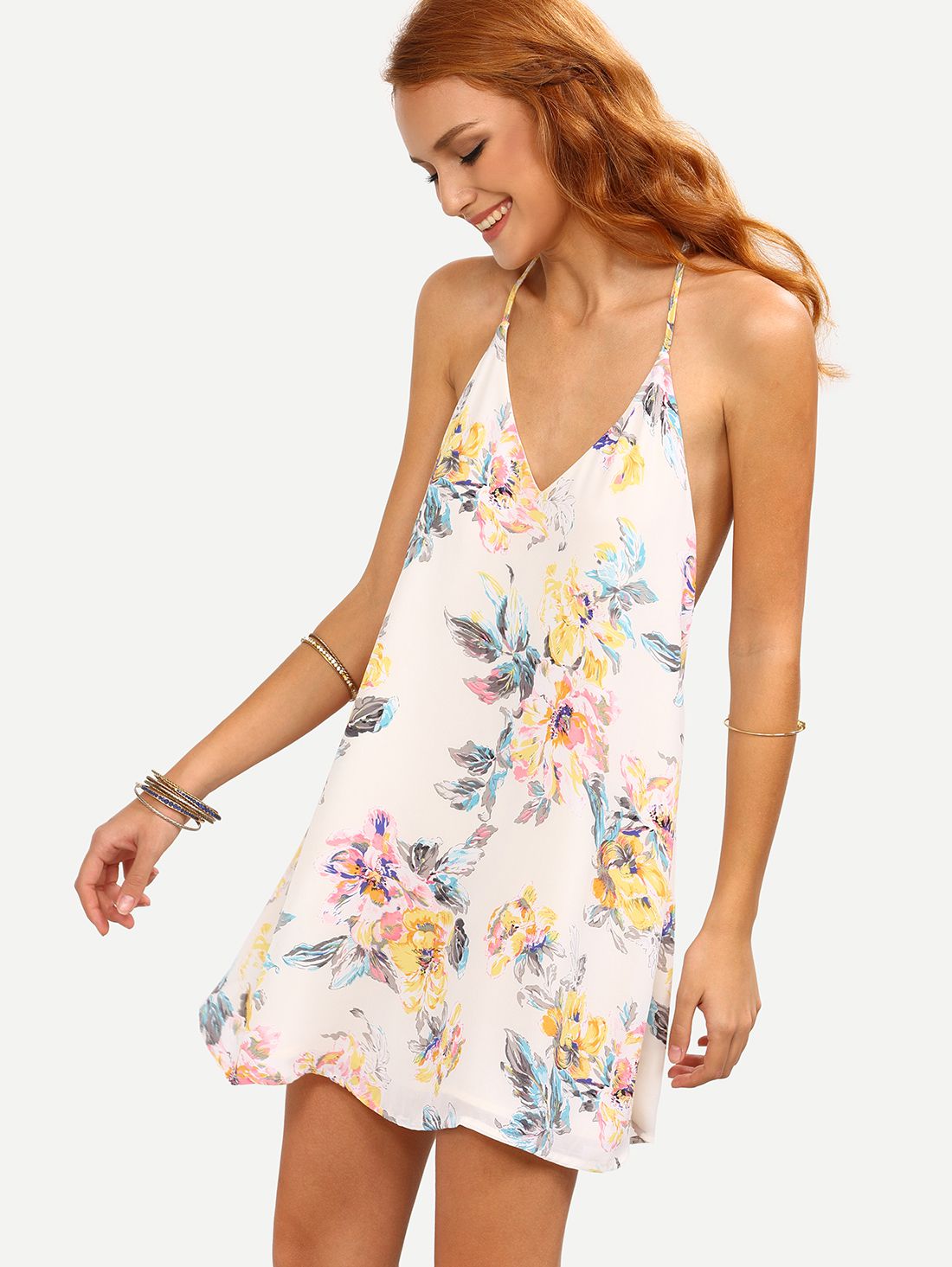 Multicolor Flower Print Strappy Swing Cami Dress