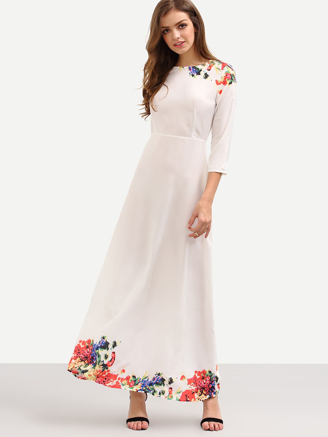 3/4 Sleeve Flower Print Long Dress - White