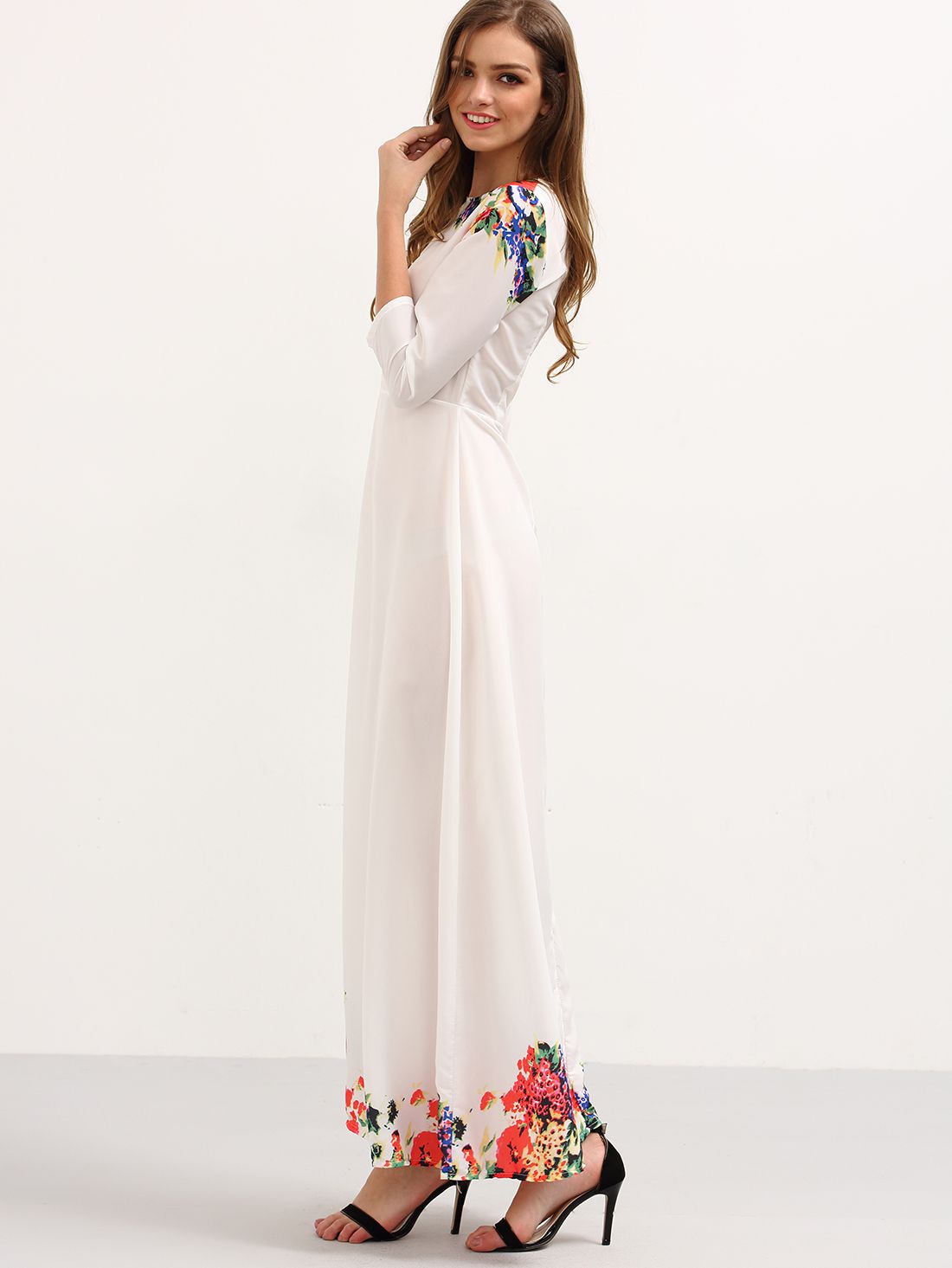 3/4 Sleeve Flower Print Long Dress - White